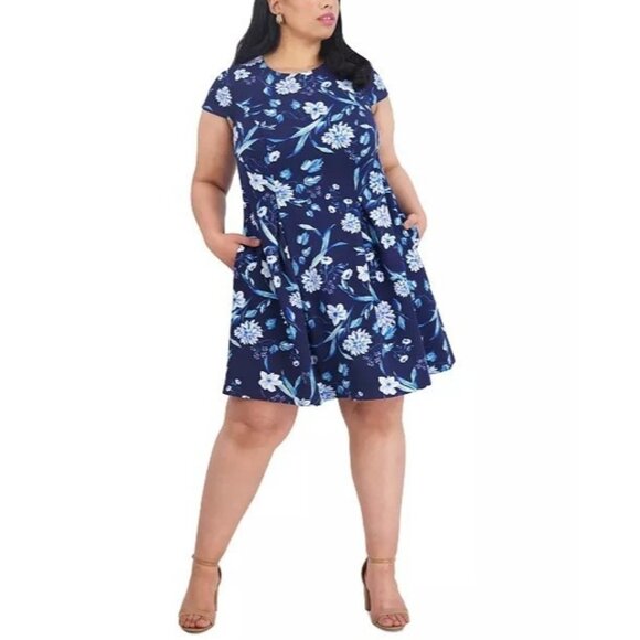 119$ Jessica Howard Floral Print Cap Sleeve Mini Dress Plus Size 24W Navy Blue - Picture 1 of 3